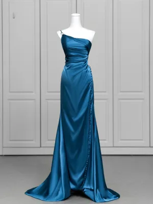 Vintage Retro Ocean Blue Evening Dresses 2025 Trumpet Mermaid One Shoulder Sleeveless Backless Sweep Train Evening Party Formal Dresses