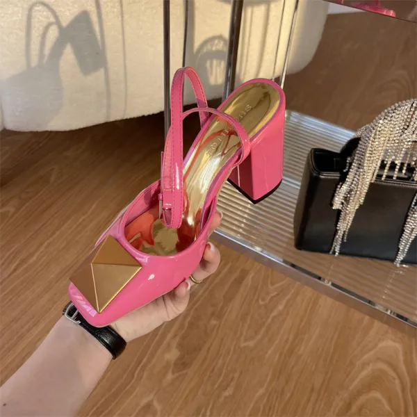 Vintage Retro Fuchsia Street Wear Womens Sandals 2022 Ankle Strap 9 cm Thick Heels Square Toe Sandals High Heels