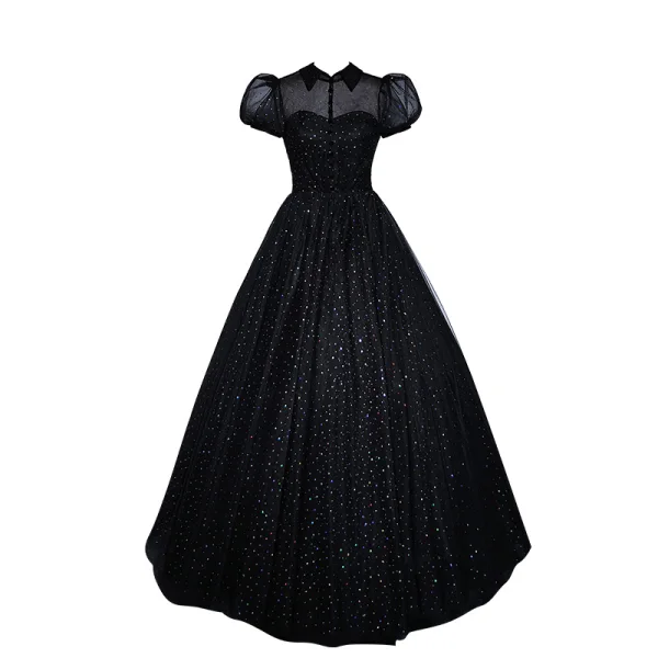Élégant Noire Paillettes Robe De Bal 2023 Princesse Col Haut Manches Courtes Dos Nu Longue Promo Robe De Ceremonie
