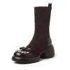 Mode Zwarte Straatkleding Parel Rhinestone Strik Dames Laarzen 2024 Leer 7 cm Blokhak Ronde Neus Laarzen
