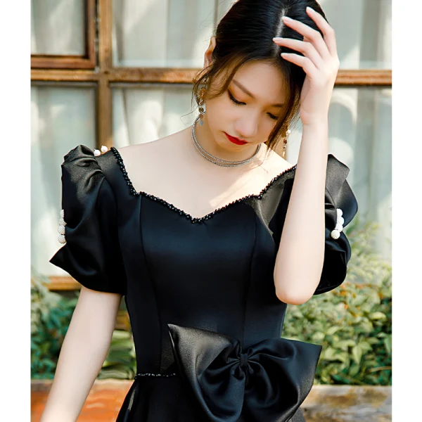 Élégant Noire Robe De Bal 2022 Princesse Encolure Carrée Noeud Gonflée Manches Courtes Dos Nu Longue Promo Robe De Ceremonie