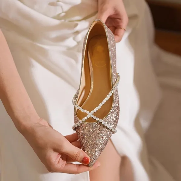 Sparkly Champagne Leather Flat Pointed Toe Wedding Shoes 2026 Wedding