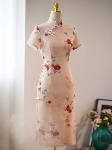 Chinese Style Khaki Printing Summer Tea Length Cheongsam 2024 Trumpet Mermaid High Neck Short Sleeve
