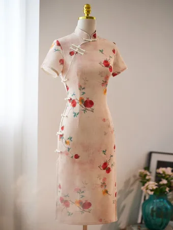 Chinese Stijl Khaki Het Drukken Zomer Tea Length Cheongsam 2024 Trompet Zeemeermin Hoge Kraag Korte Mouwen