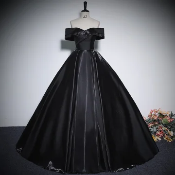 Élégant Noire Satin Robe De Bal 2023 Robe Boule De L Épaule Manches Courtes Dos Nu Longue Robe De Ceremonie
