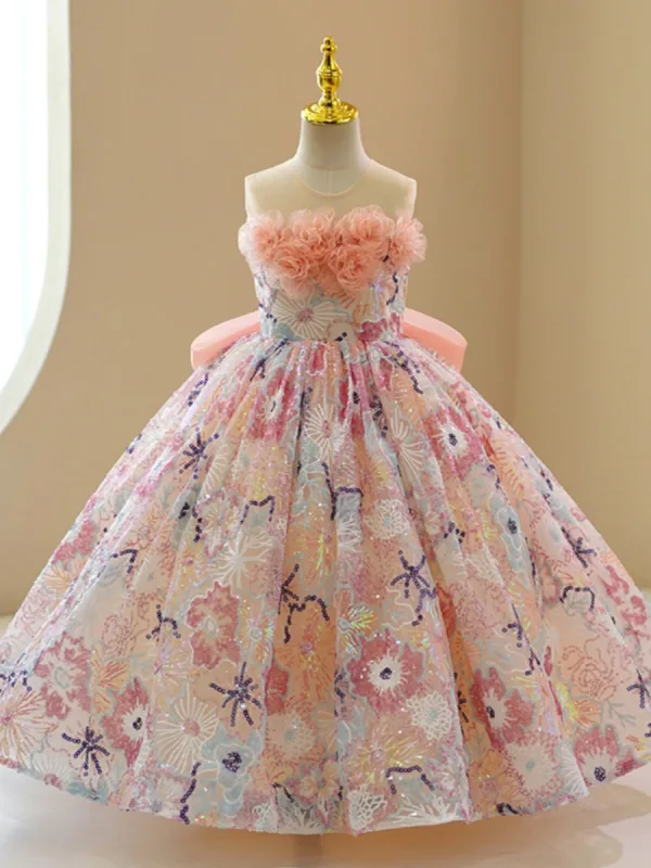 Charming Champagne Beading Rhinestone Sequins Appliques Flower Girl Dresses 2023 Ball Gown Scoop Neck Birthday Sleeveless Backless Bow Floor-Length / Long