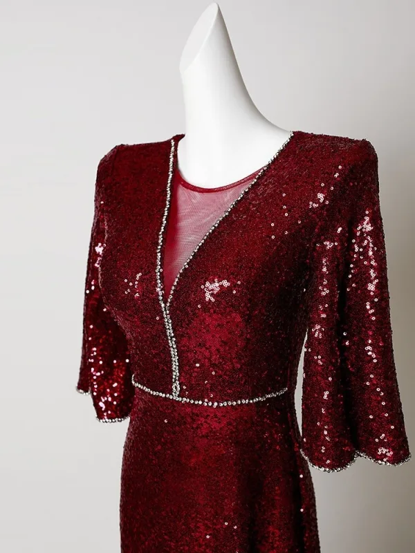 Sparkly Burgundy Rhinestone Sequins Evening Dresses 2026 Trumpet / Mermaid Scoop Neck Short Sleeve Floor-Length / Long Formal Dresses