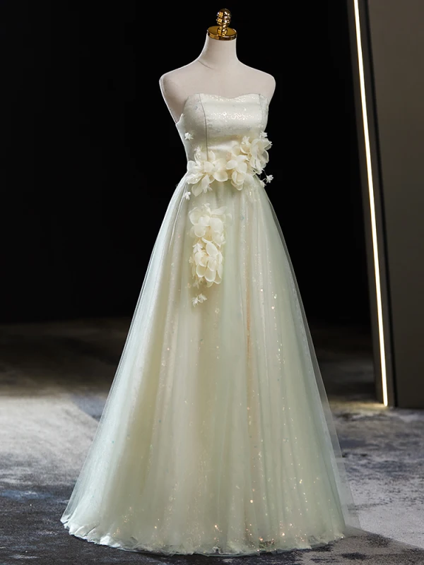 Chic / Beautiful Sage Green Sequins Appliques Prom Dresses 2024 A-Line / Princess Strapless Sleeveless Backless Bow Floor-Length / Long Prom Formal Dresses