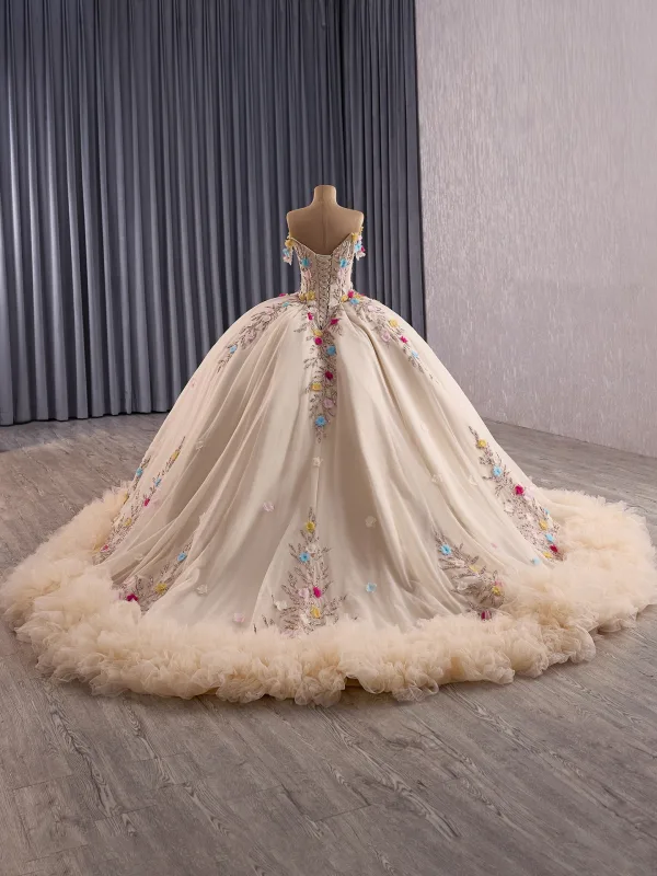 Luxury / Gorgeous Champagne Handmade  Rhinestone Appliques Sequins Prom Dresses 2025 Ball Gown Off-The-Shoulder Short Sleeve Backless Court Train Formal Dresses