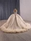 Luxury / Gorgeous Champagne Handmade  Rhinestone Appliques Sequins Prom Dresses 2025 Ball Gown Off-The-Shoulder Short Sleeve Backless Court Train Formal Dresses