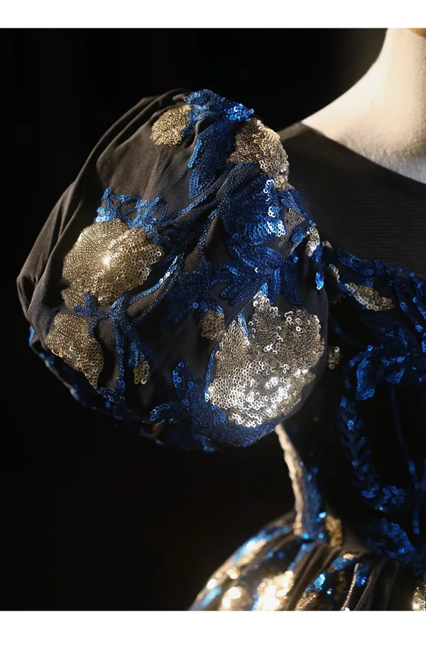 Élégant Bleu Marine Paillettes Anniversaire Robe Ceremonie Fille 2025 Robe Boule Encolure Dégagée Gonflée Manches Courtes Dos Nu Longue