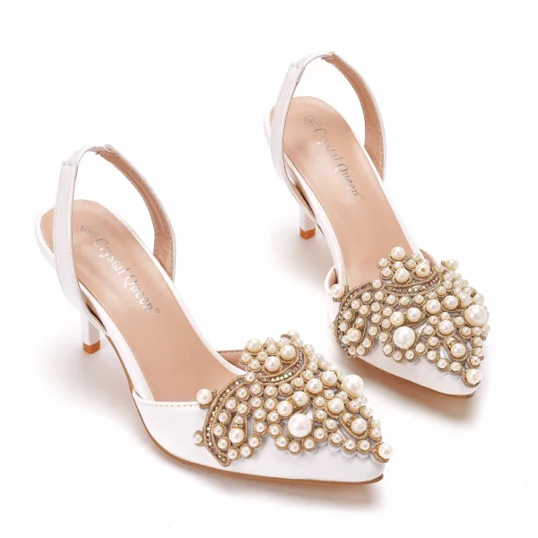 Chic / Beautiful White Pearl Rhinestone Prom Womens Shoes 2022 Pointed Toe 7 cm Stiletto Heels High Heels