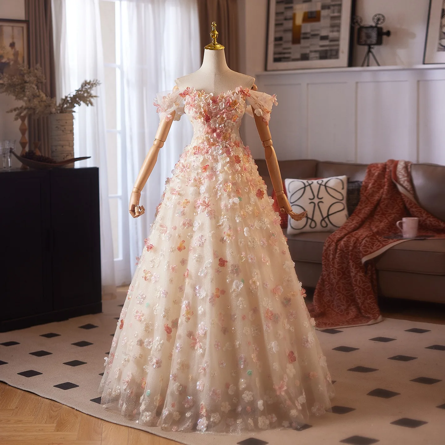 Flower Fairy Champagne Sequins Appliques Prom Dresses 2025 Ball Gown Off-The-Shoulder