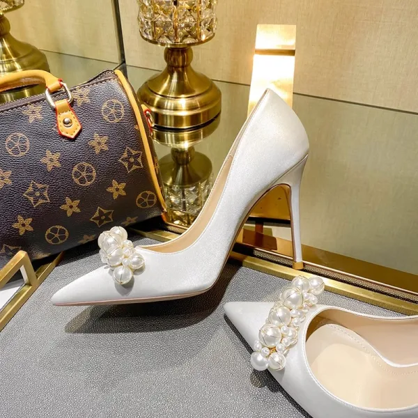 Chic / Beautiful Champagne Pearl Wedding Shoes 2023 Leather 10 cm Stiletto Heels Pointed Toe Wedding Pumps High Heels