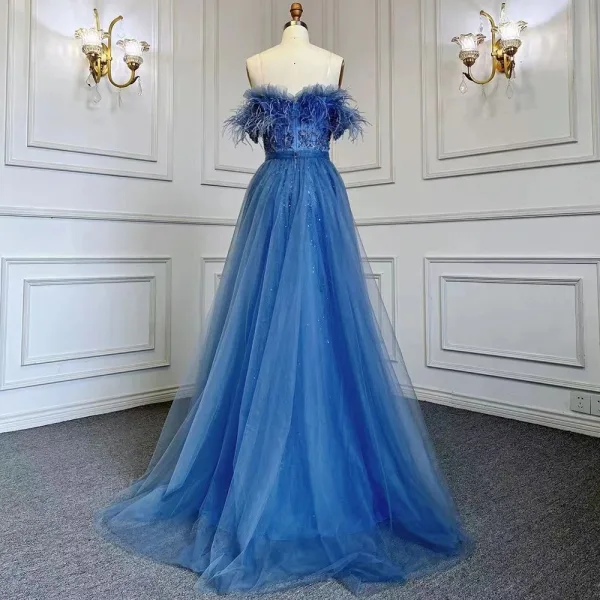High End Meeresblau Handgefertigt Perlenstickerei Pailletten Gespaltete Front Ballkleider 2024 Meerjungfrau Bandeau Kurze Ärmel Rückenfreies Lange Ball Festliche Kleider