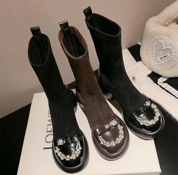 Fashion Black Street Wear Pearl Rhinestone Bow Womens Boots 2024 Leather 7 cm Block Heels Round Toe Boots