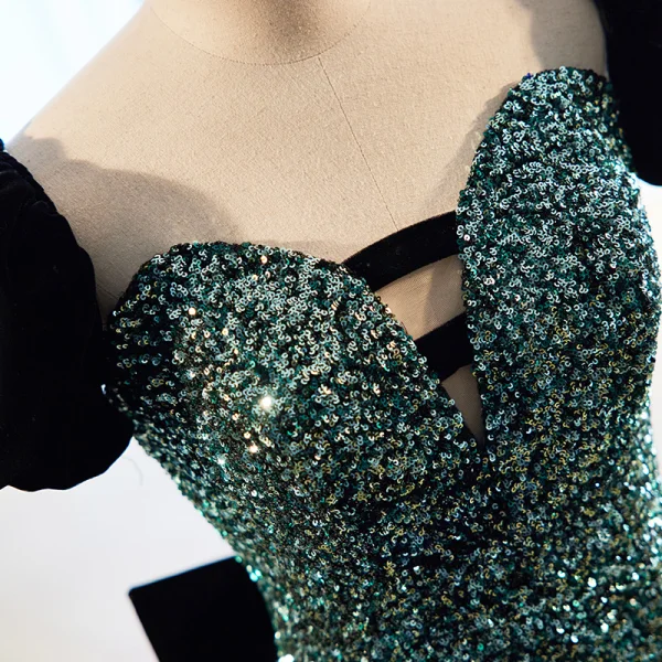 Scintillantes Vert Foncé Perlage Paillettes Robe De Soirée 2023 Trompette / Sirène Encolure Carrée Manches Courtes Dos Nu Noeud Longue Soirée Robe De Ceremonie