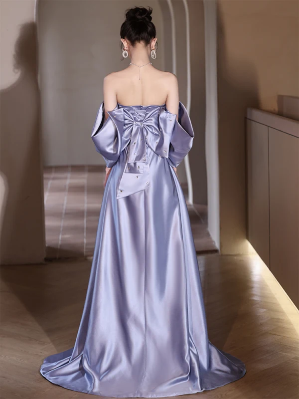Illusion Lavender Sequins Rhinestone Satin Prom Dresses 2024 A-Line / Princess Off-The-Shoulder Short Sleeve Backless Bow Floor-Length / Long Prom Formal Dresses