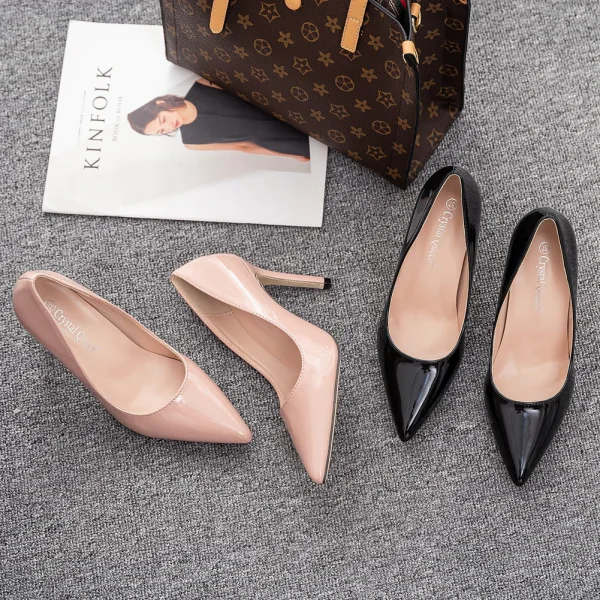 Sexy Schwarz Abend Lackleder Pumps 2023 9 cm Stilettos Spitzschuh Pumps Hochhackige