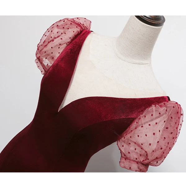 Elegant Burgundy Beading Velvet Evening Dresses 2023 Trumpet / Mermaid Scoop Neck Zipper Up at Side Puffy Short Sleeve Backless Floor-Length / Long Prom Formal Dresses