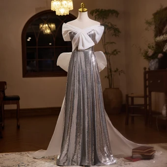 Sparkly Silver Sequins Prom Dresses 2024 A Line Princess Off The Shoulder Sleeveless Backless Bow Floor Length Long Prom Formal Dresses