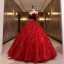 Chic / Beautiful Red Star Sequins Suede Prom Dresses 2022 Ball Gown Off-The-Shoulder Short Sleeve Backless Beading Floor-Length / Long Formal Dresses