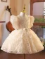 Bling Bling Champagne Beading Pearl Sequins Short Birthday Flower Girl Dresses 2024 Ball Gown Square Neckline Bow Sash Short Sleeve