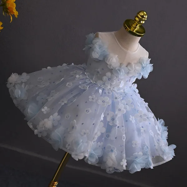Chic / Beautiful Sky Blue Pearl Appliques Short Birthday Flower Girl Dresses 2025 Ball Gown Scoop Neck Sleeveless Backless