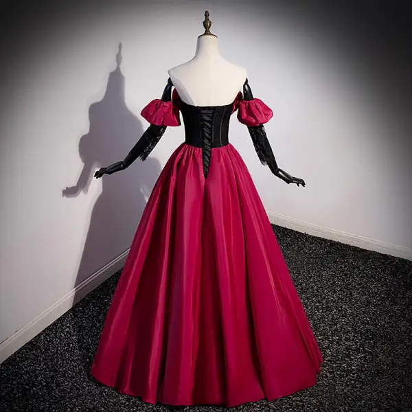 Elegant Burgundy Prom Dresses 2022 Ball Gown Strapless Sleeveless Backless Floor-Length / Long Prom Formal Dresses