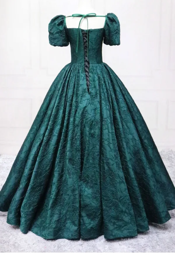 Vintage / Retro Dark Green Printing Prom Dresses 2025 Ball Gown Square Neckline Puffy Short Sleeve Backless Floor-Length / Long Prom Formal Dresses