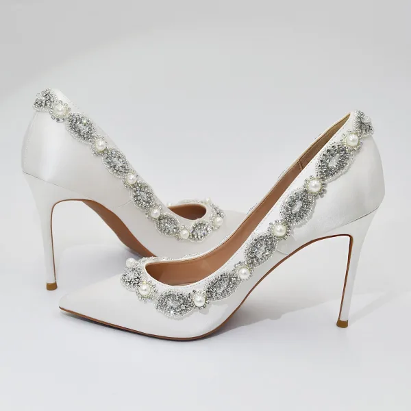 Elegante Weiß Perle Strass Brautschuhe 2022 Satin 10 cm Stilettos Spitzschuh Hochzeit Pumps Hochhackige
