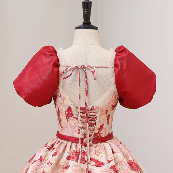 Elegant Red Printing Prom Dresses 2022 Ball Gown Square Neckline Puffy Short Sleeve Backless Sash Floor-Length / Long Prom Formal Dresses