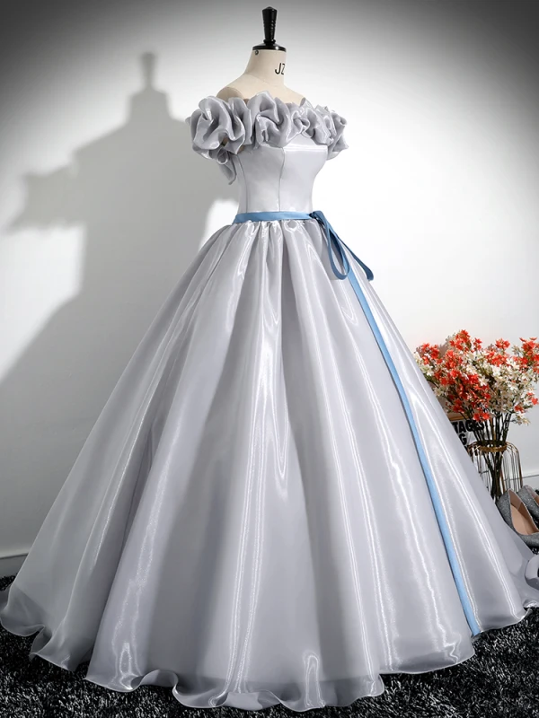 Élégant Argenté Robe De Bal 2024 Robe Boule Volants De l'épaule Sans Manches Noeud Ceinture Dos Nu Longue Promo Robe De Ceremonie