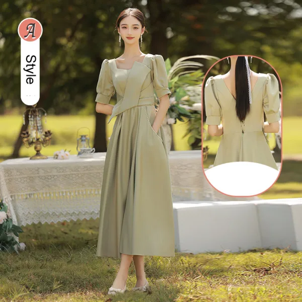 Simple Vert Cendré Satin Robe Demoiselle D'honneur 2022 Princesse Manches Courtes Dos Nu Longue Demoiselle D'honneur