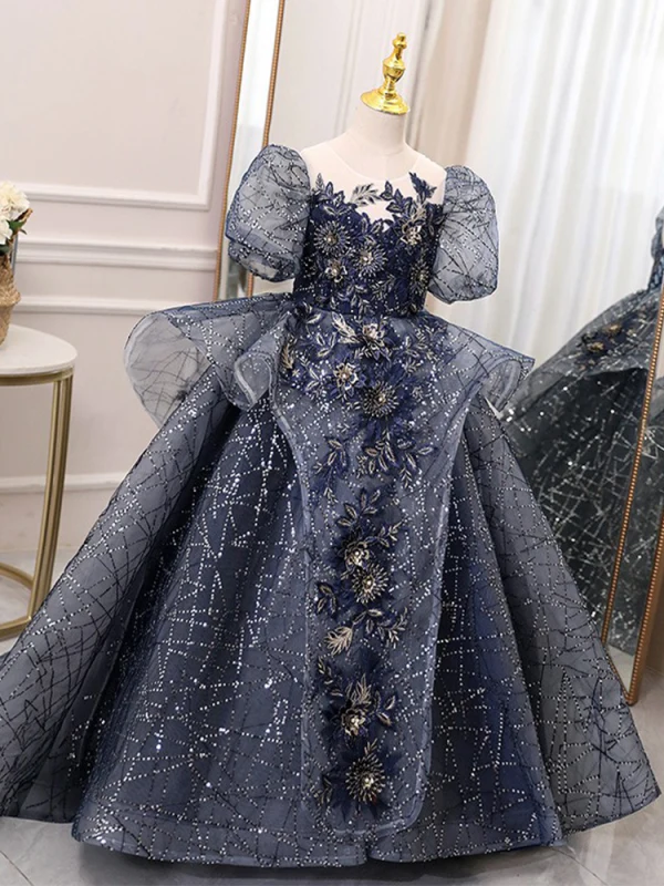 Vintage / Originale Bleu Marine Faux Diamant Paillettes En Dentelle Fleur Anniversaire Robe Ceremonie Fille 2024 Robe Boule Encolure Dégagée Manches Courtes Dos Nu Noeud Longue