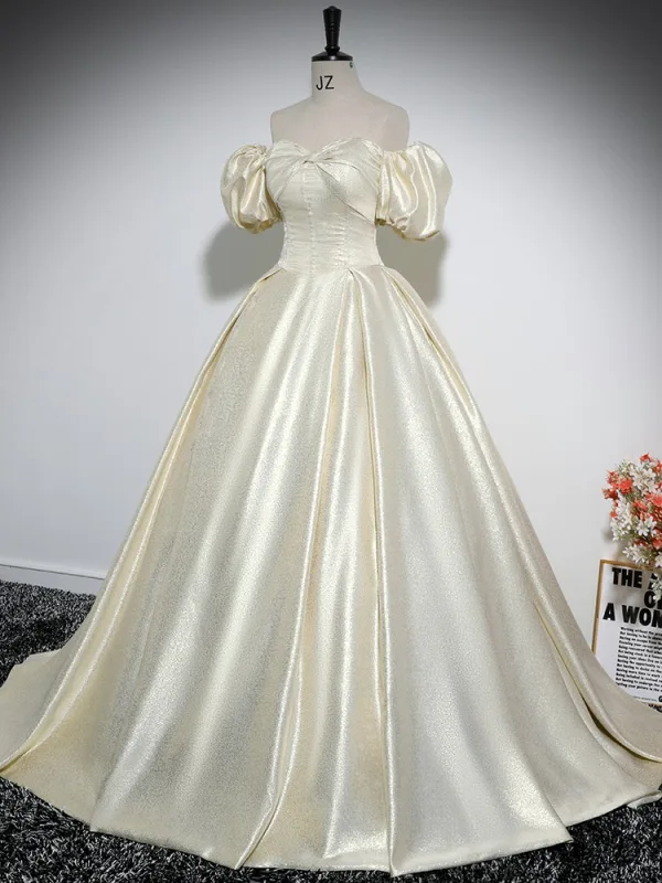 Elegant Champagne Satin Prom Dresses 2024 Ball Gown Off-The-Shoulder Short Sleeve Backless Floor-Length / Long Prom Formal Dresses