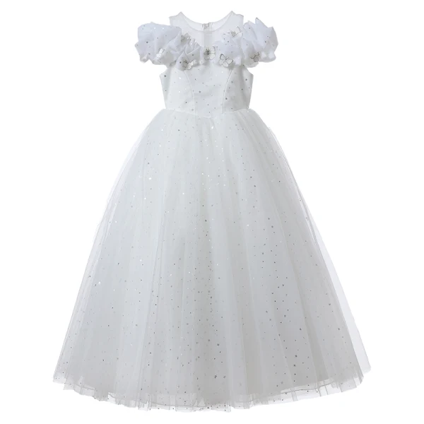 Fashion White Star Sequins Lace Butterfly Wedding Flower Girl Dresses 2023 Ball Gown Scoop Neck Short Sleeve Floor-Length / Long