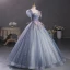 Chic / Beautiful Ocean Blue Sequins Pearl Lace Flower Prom Dresses 2023 Ball Gown Scoop Neck Puffy Short Sleeve Tassel Backless Floor-Length / Long Prom Formal Dresses