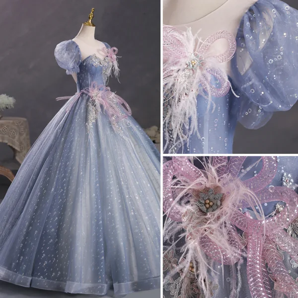 Chic / Beautiful Ocean Blue Sequins Pearl Lace Flower Prom Dresses 2023 Ball Gown Scoop Neck Puffy Short Sleeve Tassel Backless Floor-Length / Long Prom Formal Dresses