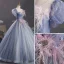 Chic / Beautiful Ocean Blue Sequins Pearl Lace Flower Prom Dresses 2023 Ball Gown Scoop Neck Puffy Short Sleeve Tassel Backless Floor-Length / Long Prom Formal Dresses