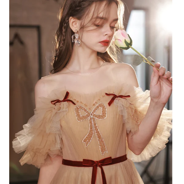 Fashion Champagne Prom Dresses 2022 A-Line / Princess Scoop Neck Ruffle Short Sleeve Beading Sequins Backless Sash Bow Floor-Length / Long Formal Dresses