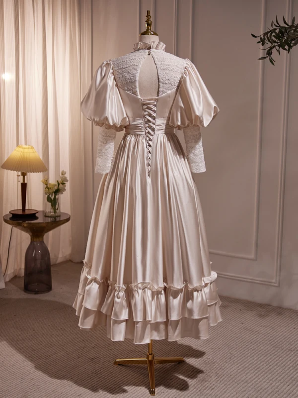 Audrey Hepburn Style Vintage / Retro Champagne Satin Prom Dresses 2023 A-Line / Princess High Neck Puffy Short Sleeve Backless Floor-Length / Long Formal Dresses