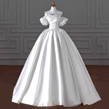 Vintage Retro Modest Simple White Satin Wedding Dresses 2024 Ball Gown Off The Shoulder Short Sleeve Backless Floor Length Long Wedding