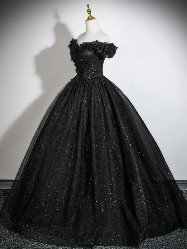 Elegant Black Appliques Glitter Prom Dresses 2026 Ball Gown Off-The-Shoulder Short Sleeve Backless Floor-Length / Long Formal Dresses