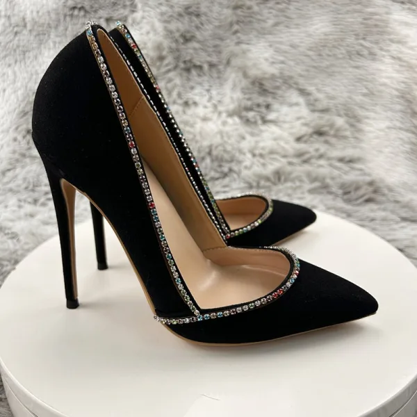 Mooie / Prachtige Zwarte Suede Rhinestone Avond Pumps 2025 12 cm Naaldhakken / Stiletto Spitse Neus Pumps Hoge Hakken