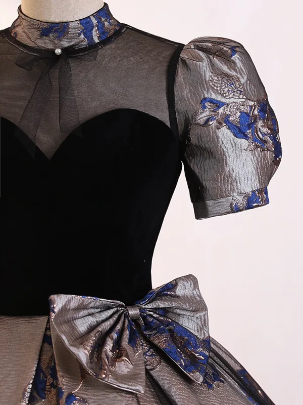 Vintage / Retro Black Printing Bow Prom Dresses 2025 Ball Gown High Neck Puffy Short Sleeve Backless Floor-Length / Long Prom Formal Dresses