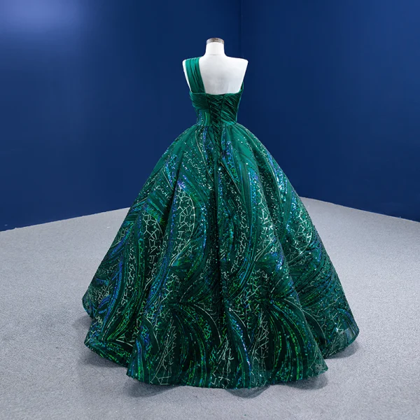 Vintage / Retro High-end Dark Green Sequins Prom Dresses 2022 Ball Gown One-Shoulder Sleeveless Backless Floor-Length / Long Prom Formal Dresses