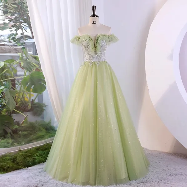 Modern / Fashion Sage Green Sequins Prom Dresses 2023 Ball Gown Off-The-Shoulder Sleeveless Backless Floor-Length / Long Prom Formal Dresses