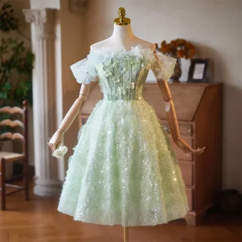 Fashion Sage Green Beading Sequins Appliques Homecoming Graduation Dresses 2025 A Line Princess Off The Shoulder Short Sleeve Backless Tea Length Formal Dresses