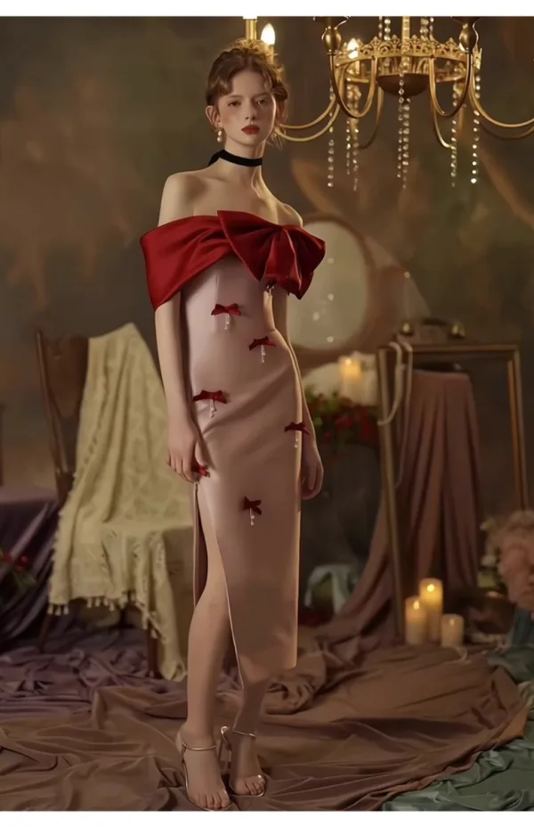 Sexy Rosa Gespaltete Front Abendkleider 2023 Meerjungfrau Off Shoulder Schleife Kurze Ärmel Rückenfreies Wadenlang Festliche Kleider
